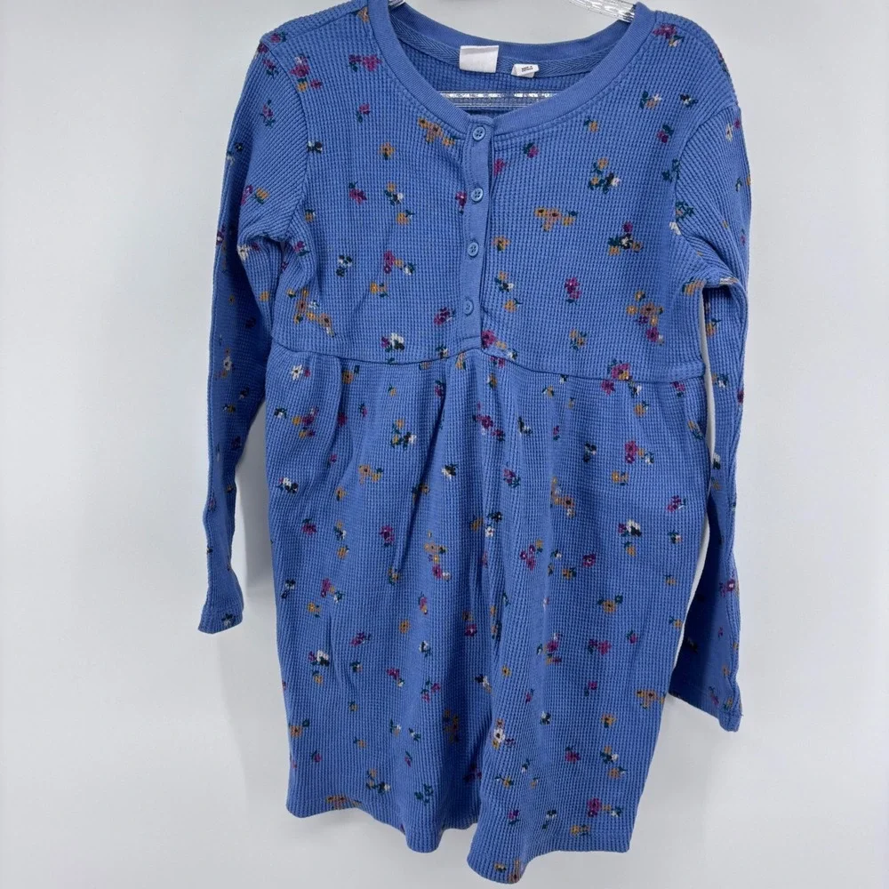 GAP Kids Floral Print Waffle Knit Long Sleeve‎ Dress Blue